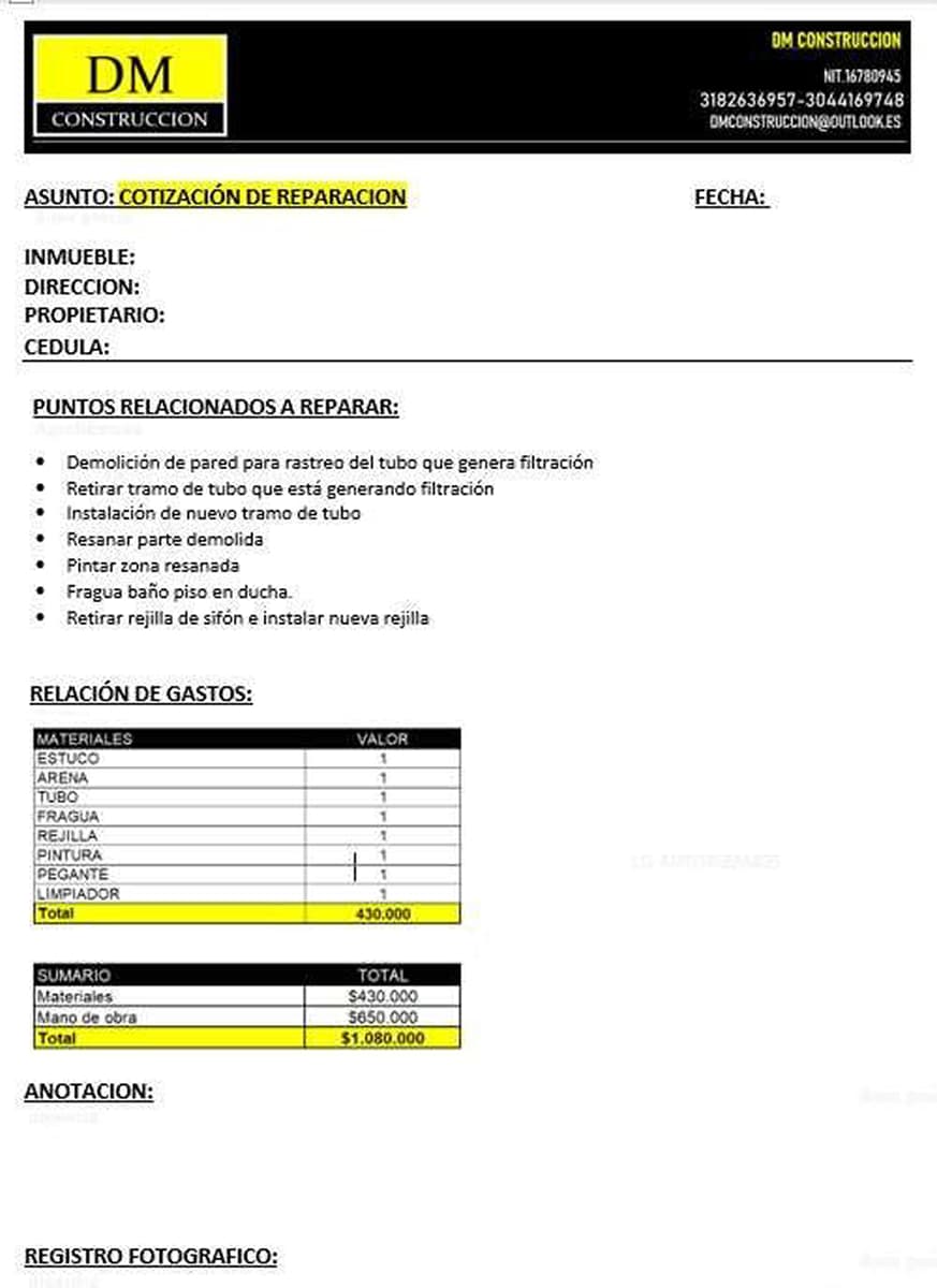Plantilla PDF para cotización de servicios de construcción DM Construcciones